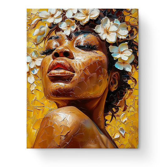 Golden Blossoms Serenity - Floral Women by miicreative. A captivating image of a serene woman adorned with golden flowers. Perfect for mindful painting experiences.