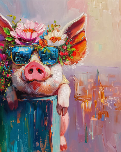 A vibrant painting of a pig adorned with flowers and sunglasses, from the 'Floral Pig with Sunglasses - Abstract Animals' kit by miicreative. Bright colors and whimsical details make this a relaxing and creative paint-by-numbers activity.