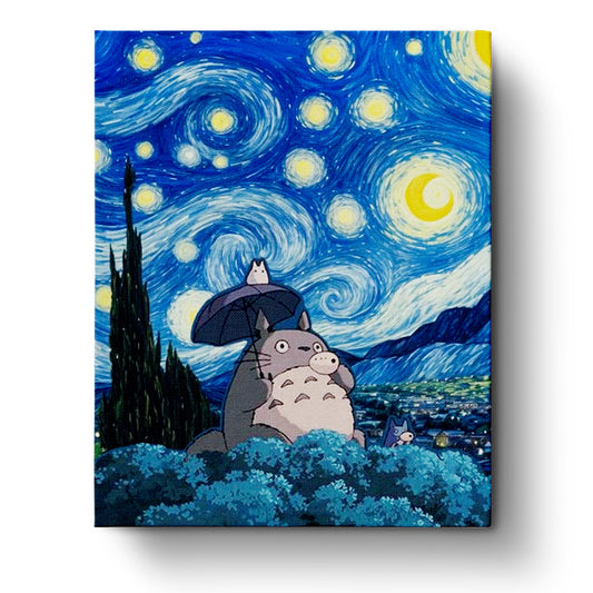 Totoro and Studio Ghibli's My Neighbor Totoro in a Starry Night-inspired scene, by miicreative. Enjoy a mindful painting experience with this calming kit.