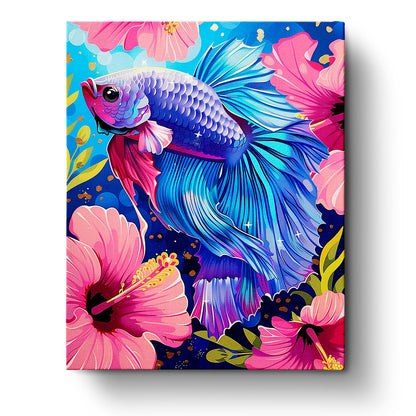 A colorful Betta fish swimming amidst pink hibiscus flowers. Tranquil Betta Fish - Meditation by miicreative. Emphasizes vibrant blues and pinks, capturing a relaxing and creative atmosphere.