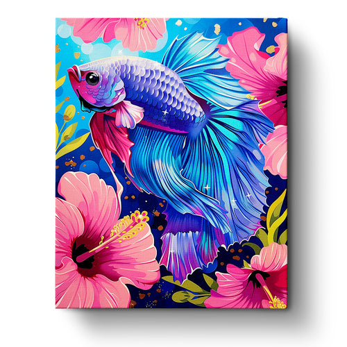 A colorful Betta fish swimming amidst pink hibiscus flowers. Tranquil Betta Fish - Meditation by miicreative. Emphasizes vibrant blues and pinks, capturing a relaxing and creative atmosphere.