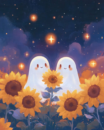 Charming ghosts in a sunflower field under starry night sky, miicreative brand. Perfect for stress relief through paint by numbers fixed kits. Boost creativity.