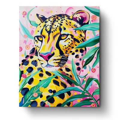 Majestic Leopard paint by numbers fixed kit by miicreative. Features a vibrant leopard with a pink background and green foliage, emphasizing creativity and mindfulness.