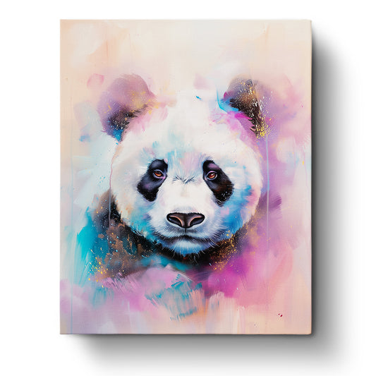 A vibrant, abstract painting of a panda with splashes of pink, purple, and blue colors. The image embodies the Colorful Panda Portrait - Abstract Animals from miicreative, emphasizing creativity and mindfulness.