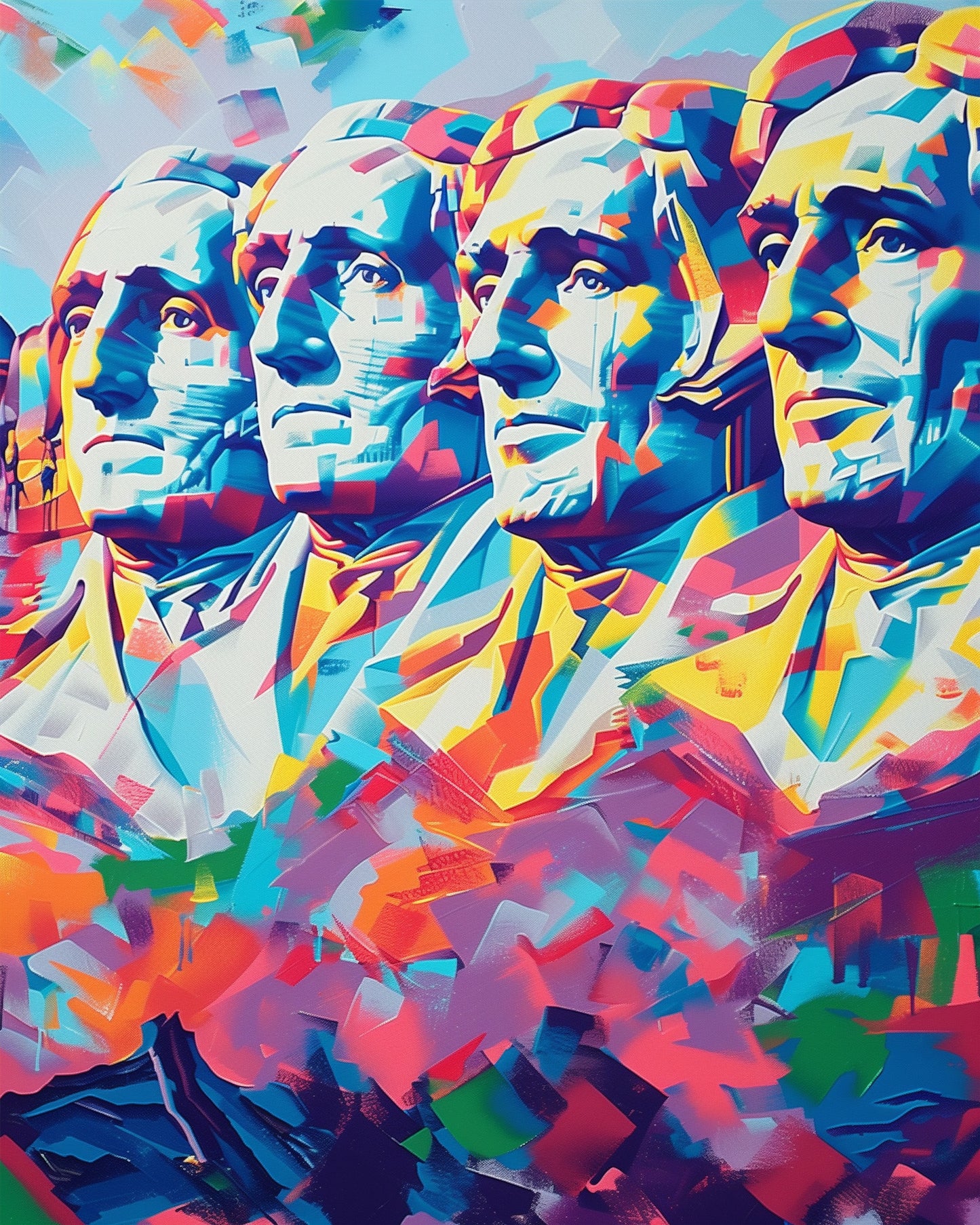A vibrant paint by numbers kit of Mount Rushmore featuring bold colors and geometric shapes, a product by miicreative, encouraging mindfulness and creativity.