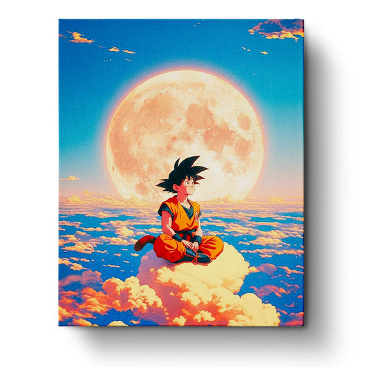 Goku meditating on a cloud with a full moon backdrop, miicreative paint by numbers kit. Feel the calm and focus with Goku from 'Dragon Ball'.