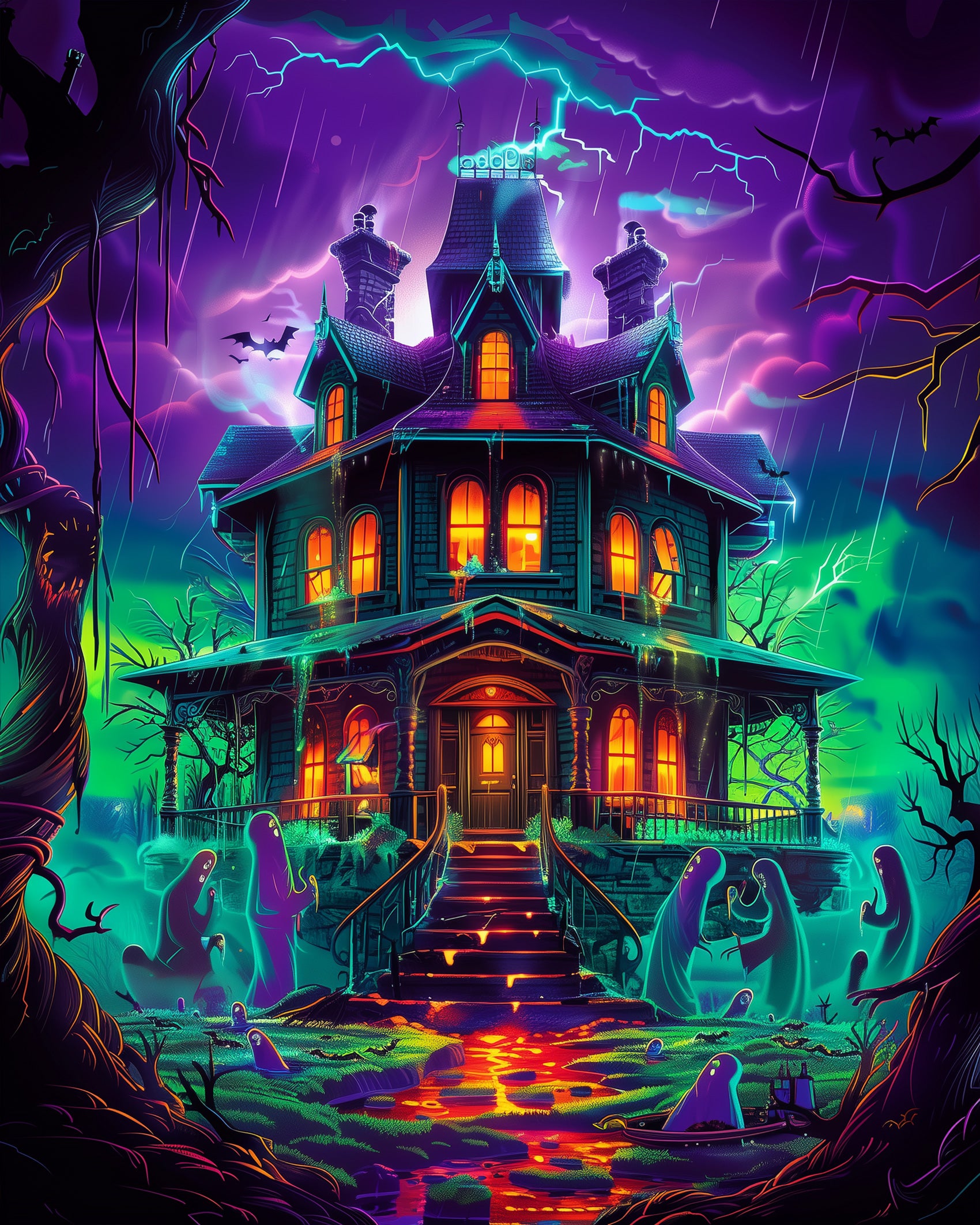 A vibrant haunted mansion with glowing windows under a stormy sky, featuring ghosts in the foreground. Product title: Haunted Mansion Glow - Halloween by miicreative. Highlights creativity and mindfulness with vivid neon colors.