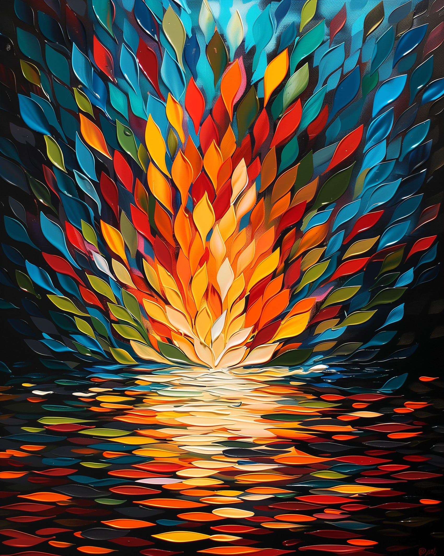 miicreative's Vibrant Flames Reflection - Meditation kit. Features a colorful burst of leaves in warm reds, oranges, and cool blues, evoking a serene and contemplative mood. Perfect for enhancing creativity and mindfulness.