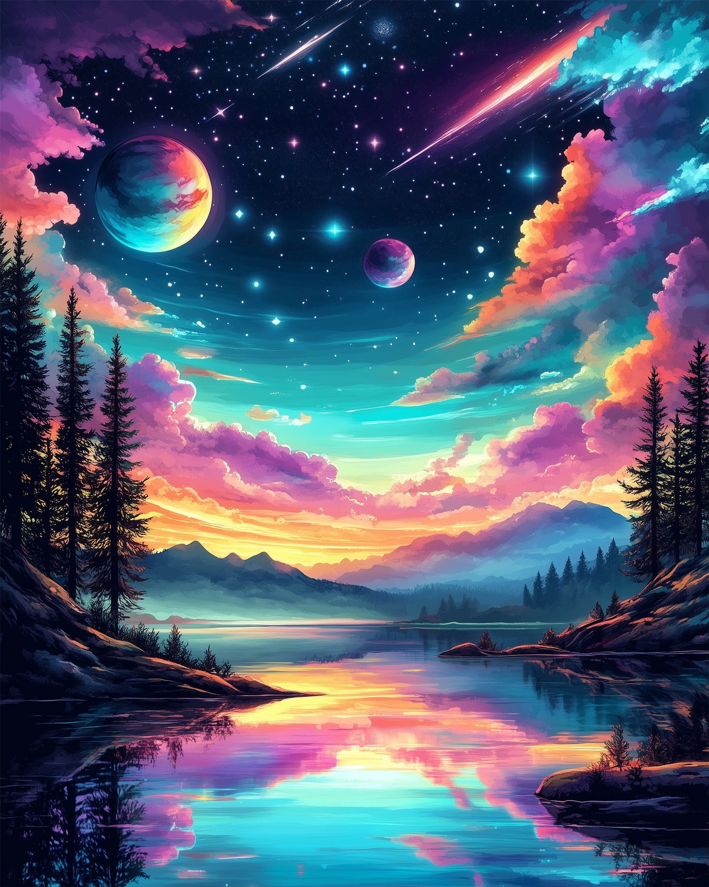 miicreative's Galactic Serenity captures a serene galaxy landscape with colorful skies and planets, enhancing focus and mindfulness in painting.