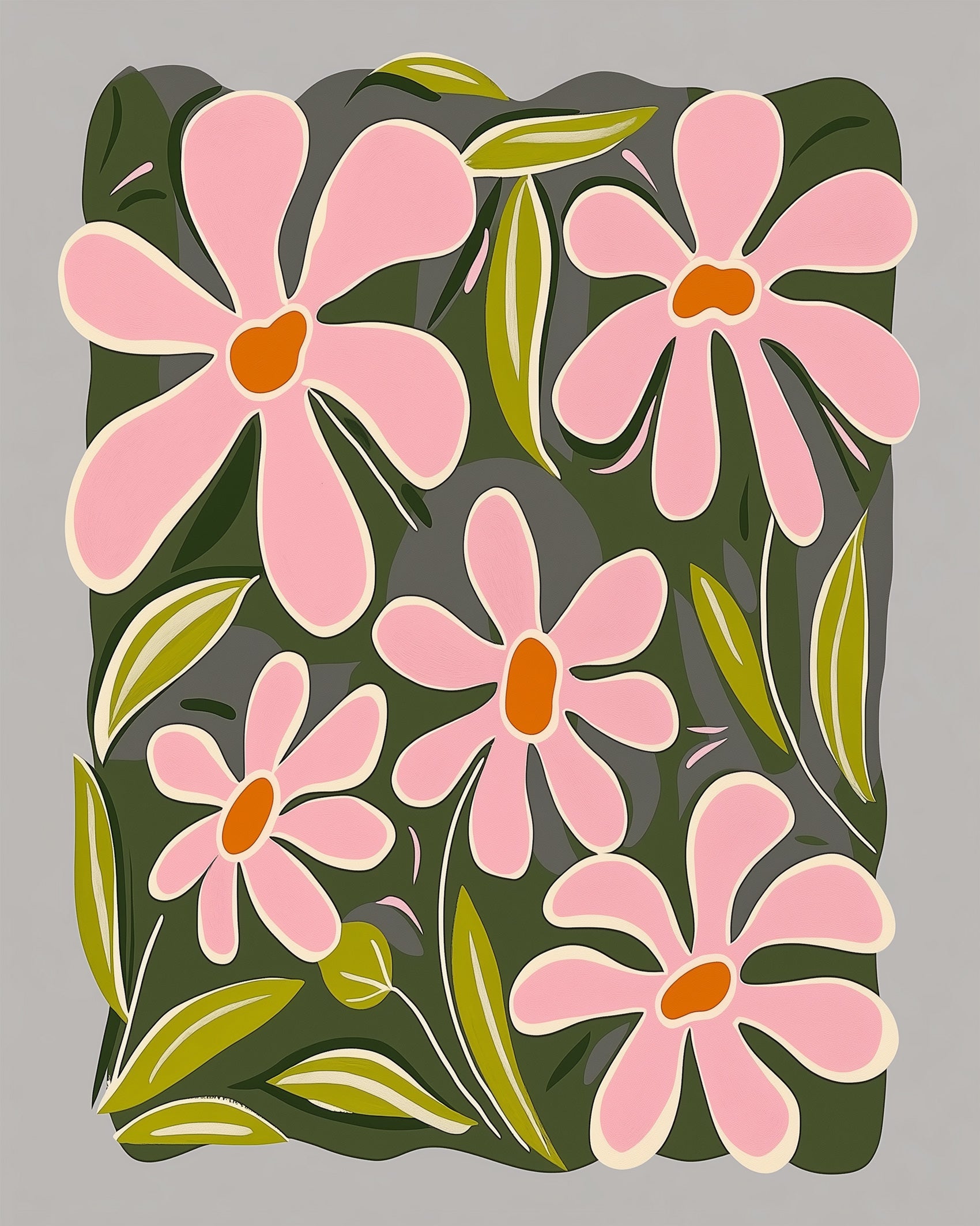 miicreative Pink Blooms Serenity - Minimalistic paint by numbers kit. Showcases abstract pink flowers on dark foliage. Encourages stress relief and creative expression.