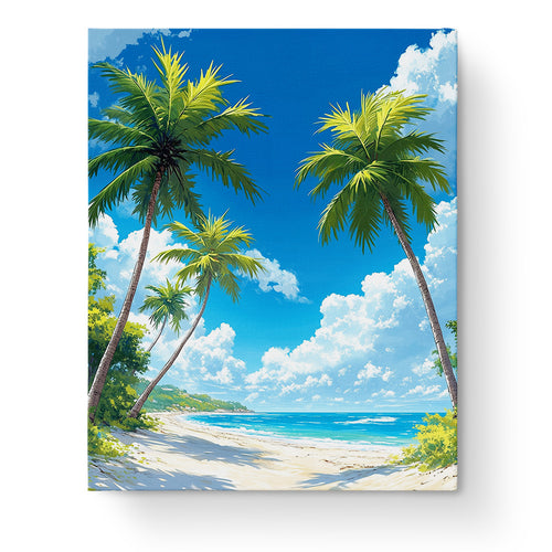 Tropical Beach Tranquility by miicreative. Relaxing sea landscape with palm trees and blue skies. Ideal for mindfulness and stress relief.
