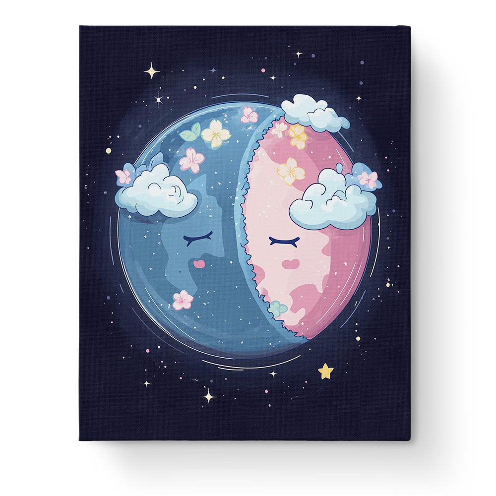 Celestial Dreamscape by miicreative. A serene night sky with sleepy celestial bodies, flowers, and clouds promoting mindfulness and focus. Paint a calming universe.