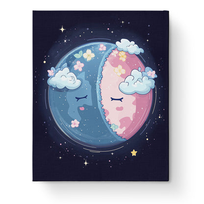 Celestial Dreamscape by miicreative. A serene night sky with sleepy celestial bodies, flowers, and clouds promoting mindfulness and focus. Paint a calming universe.