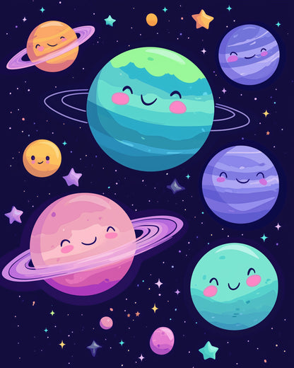 Miicreative's charming planets scene kit. Capture serenity in painting happy celestial bodies surrounded by twinkling stars. Focus and enjoy the experience.