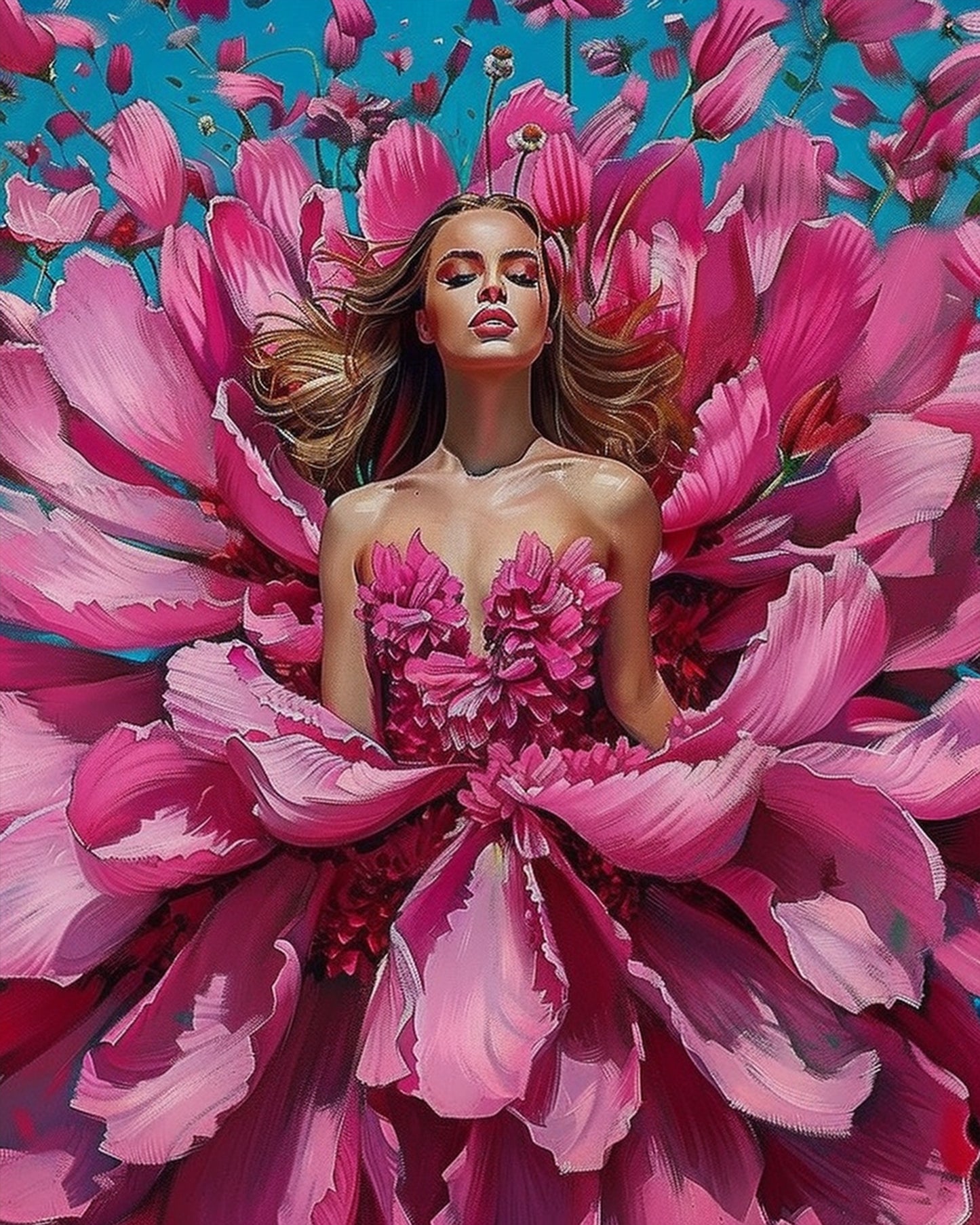 Lush floral portrait of a woman enveloped by pink petals. Radiant Blossom Embrace by miicreative highlights creativity and tranquility in painting.