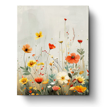 Floral Serenity paint by numbers kit by miicreative featuring delicate wildflowers in shades of yellow, orange, and red. Perfect for mindfulness and creativity.