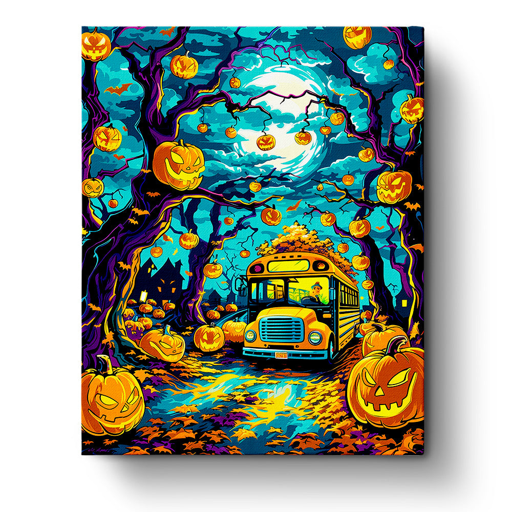 miicreative's Spooky Pumpkin School Bus - Halloween paint by numbers kit featuring a vibrant school bus surrounded by glowing pumpkins and eerie trees under a full moon. A creative and meditative art piece in bold yellows, oranges, and blues.