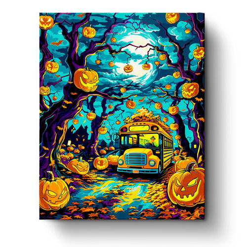 miicreative's Spooky Pumpkin School Bus - Halloween paint by numbers kit featuring a vibrant school bus surrounded by glowing pumpkins and eerie trees under a full moon. A creative and meditative art piece in bold yellows, oranges, and blues.