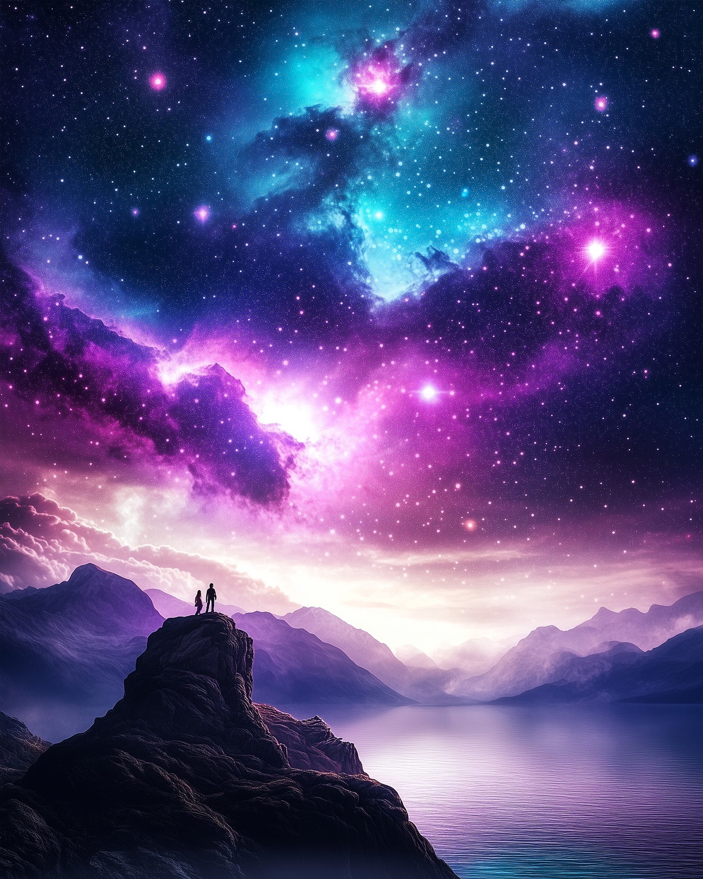 Paint a cosmic landscape with miicreative's kit. Lovers silhouetted against a vibrant galaxy, perfect for focus and relaxation.