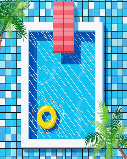 miicreative's Sunny Poolside Scene features a minimalist pool with a yellow float and palm fronds, offering a serene escape through a relaxing paint by numbers activity.