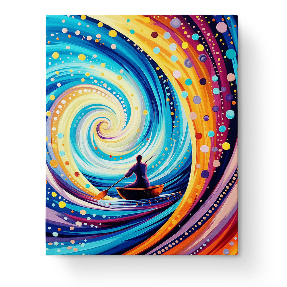 A vibrant paint-by-numbers kit titled 'Journey Through the Spiral - Meditation' by miicreative. It features a person rowing through a swirling, colorful vortex of blues, yellows, and oranges, emphasizing creativity and mindfulness.