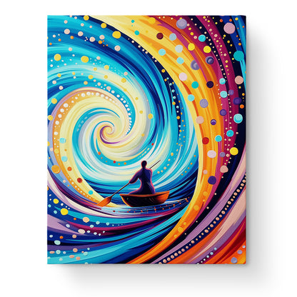 A vibrant paint-by-numbers kit titled 'Journey Through the Spiral - Meditation' by miicreative. It features a person rowing through a swirling, colorful vortex of blues, yellows, and oranges, emphasizing creativity and mindfulness.