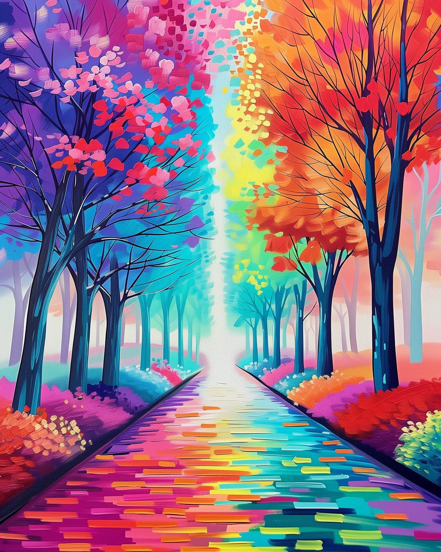 A vibrant and colorful pathway scene featuring a spectrum of blues, greens, and warm autumnal hues, highlighted in the paint-by-numbers kit 'Colorful Pathway - Meditation' by miicreative. Ideal for fostering mindfulness and creativity.