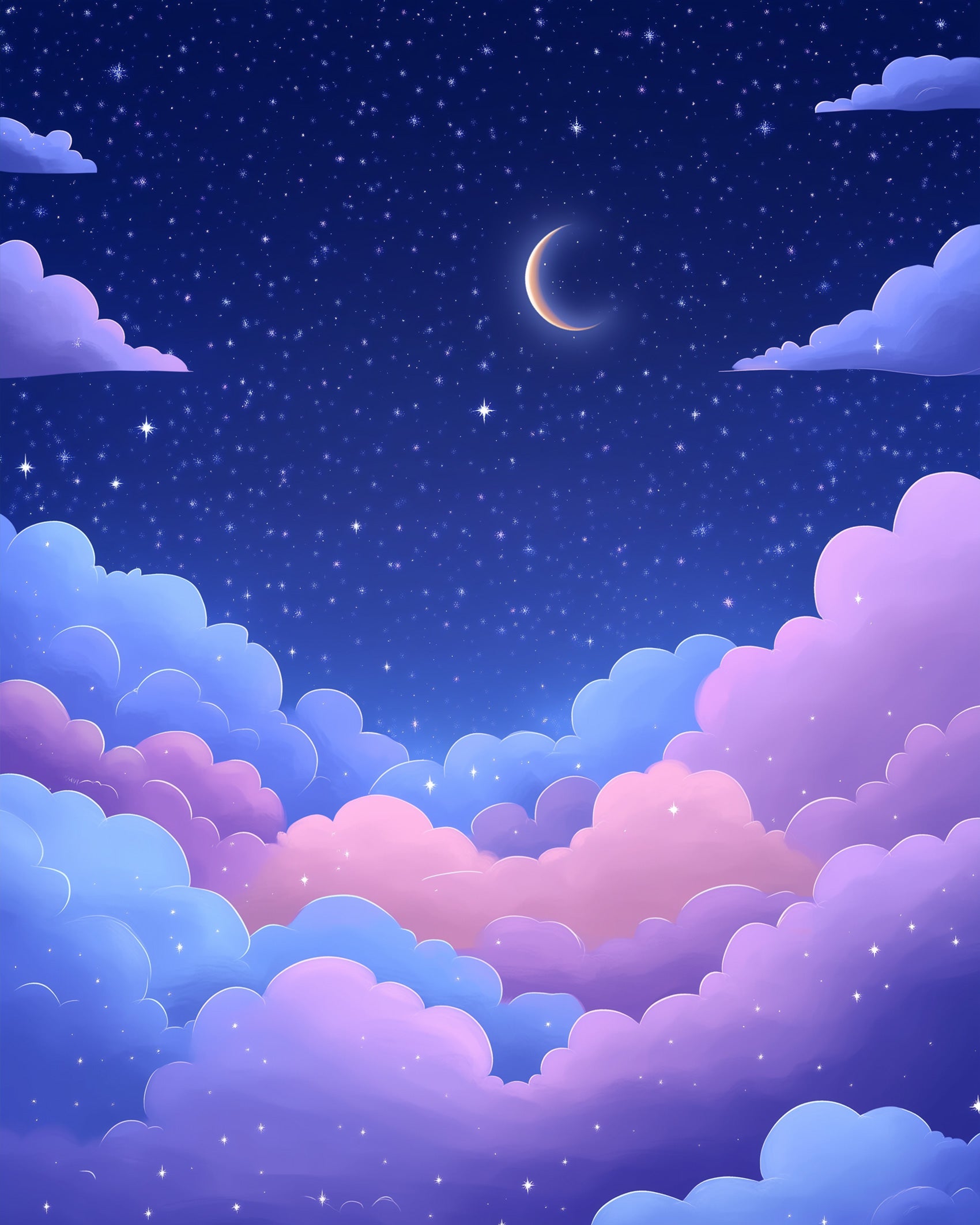 Relaxing miicreative Celestial Night Sky, with pastel clouds and a crescent moon, ideal for stress relief and creative painting bliss.