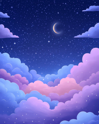 Relaxing miicreative Celestial Night Sky, with pastel clouds and a crescent moon, ideal for stress relief and creative painting bliss.