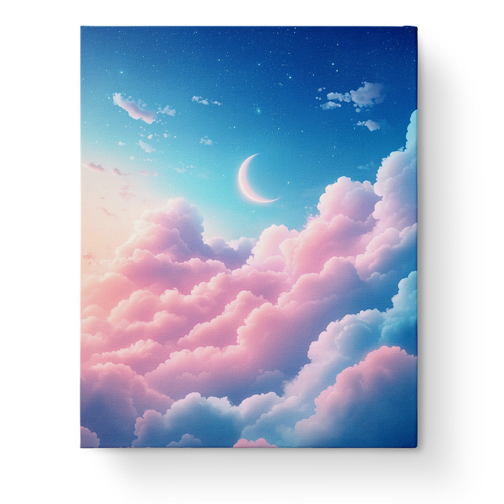 Celestial Dreamscape by miicreative featuring a serene sky with crescent moon and pink clouds, inviting a mindful painting experience.