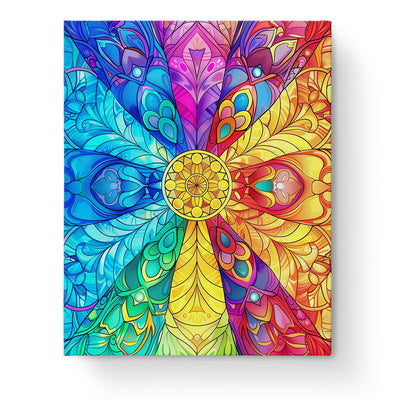 A vibrant Spectrum Mandala in an array of colors, showcasing intricate patterns for mindfulness and creativity by miicreative. Experience a burst of blues, reds, and yellows in this mesmerizing paint-by-numbers kit.