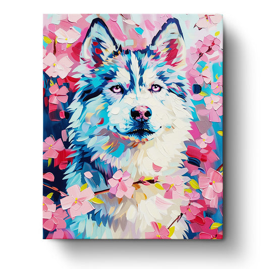 Vivid abstract painting of a wolf surrounded by pink cherry blossoms by miicreative. The kit encourages mindfulness and creativity with its pastel blue and pink color palette.