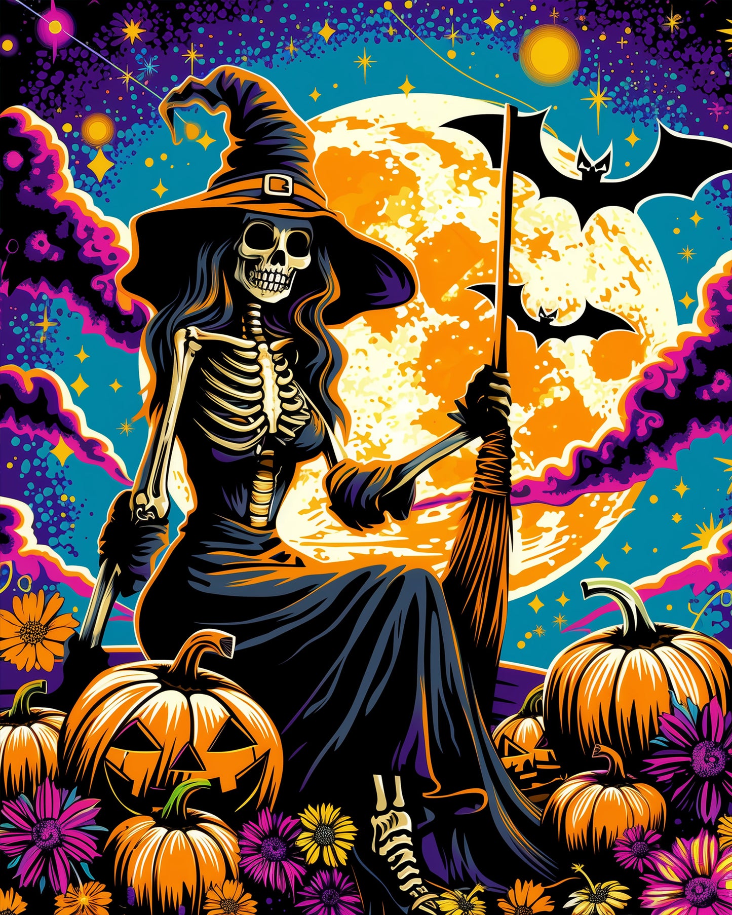 Colorful illustration of a skeletal witch by miicreative, featuring vibrant pumpkins, flowers, and a bright moon. Ideal for mindfulness and creativity in the Skeletal Witch Enchantment kit.