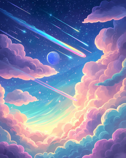 miicreative paint by numbers kit depicting a dreamy galaxy scene with pastels and stars, ideal for stress relief and creative focus.