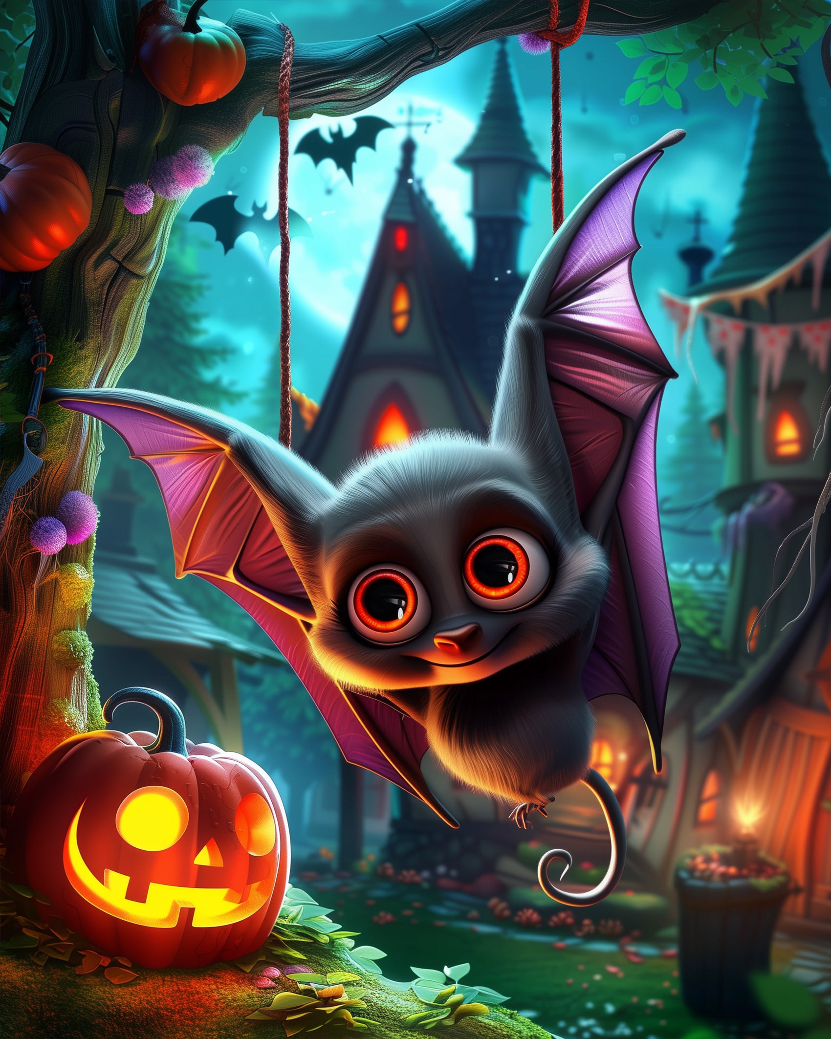 Adorable Halloween scene featuring a cute bat with bright purple wings and big eyes hanging beside a glowing pumpkin. The background showcases a spooky house. Perfect for stress relief and creativity with miicreative.