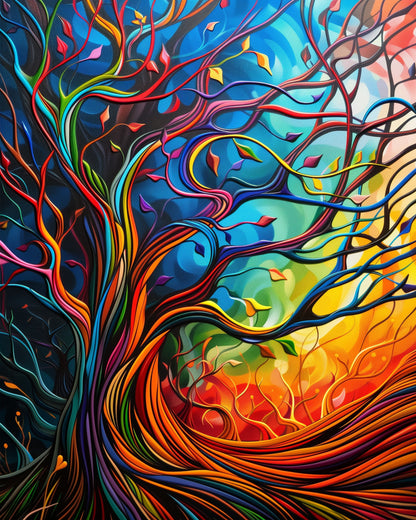 Mystical Tree of Life paint by numbers kit by miicreative, featuring vibrant swirling branches of a tree in blues, reds, and yellows, symbolizing meditation and creativity.