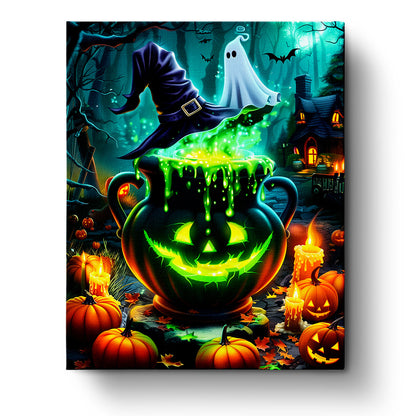 A vibrant paint by numbers kit titled 'Witch's Brew Cauldron - Halloween' by miicreative, featuring a glowing cauldron with green potion, surrounded by pumpkins and a ghostly witch's hat. Emphasizes creativity and mindfulness with mystical colors.