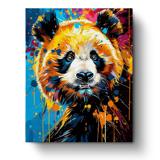 Image of a vibrant panda portrait from miicreative's Abstract Animals collection, showcasing bold colors and artistic splashes, perfect for mindfulness and creativity.