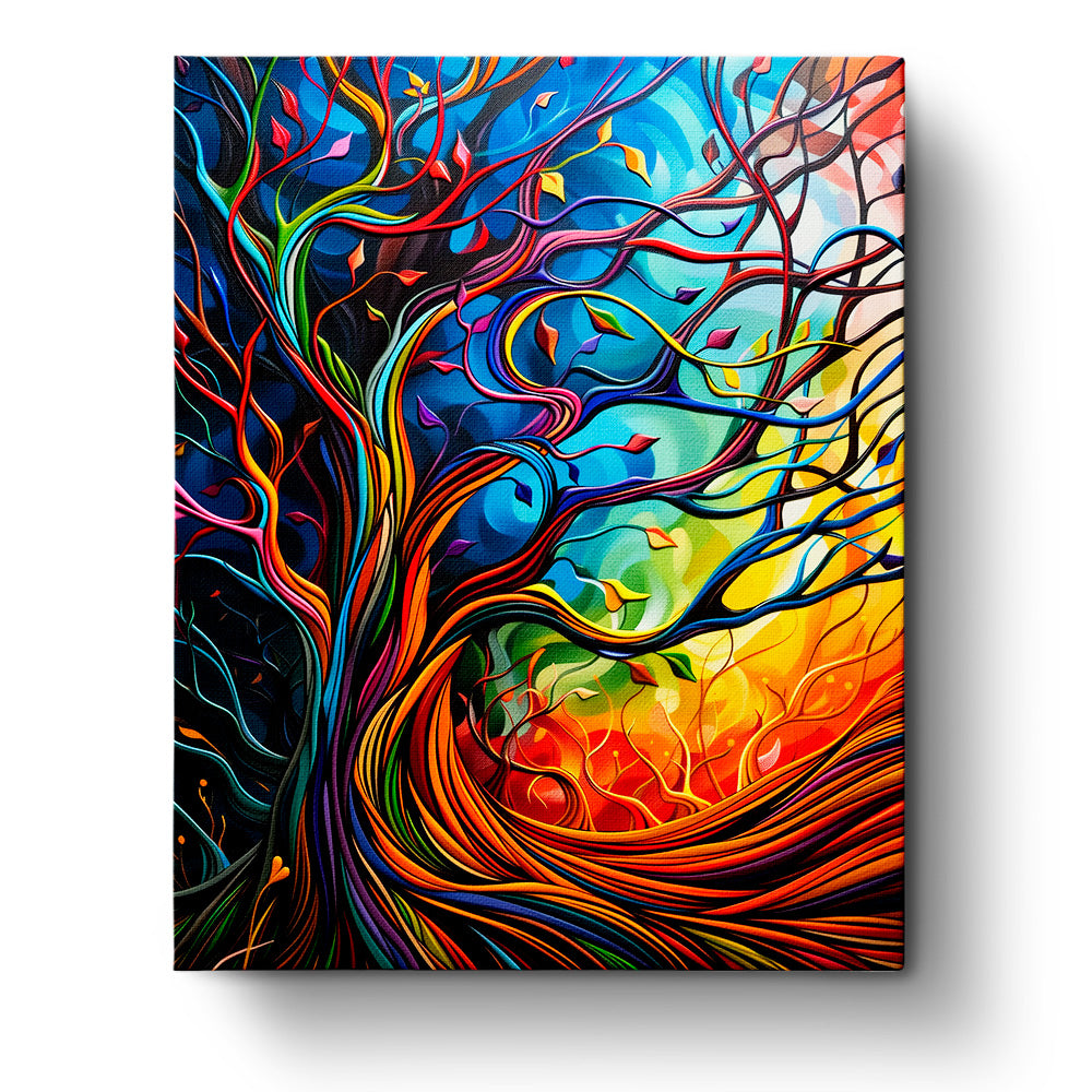 Mystical Tree of Life paint by numbers kit by miicreative, featuring vibrant swirling branches of a tree in blues, reds, and yellows, symbolizing meditation and creativity.