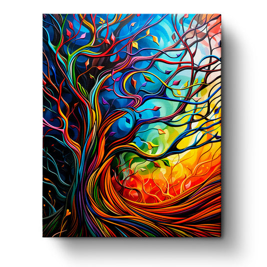 Mystical Tree of Life paint by numbers kit by miicreative, featuring vibrant swirling branches of a tree in blues, reds, and yellows, symbolizing meditation and creativity.