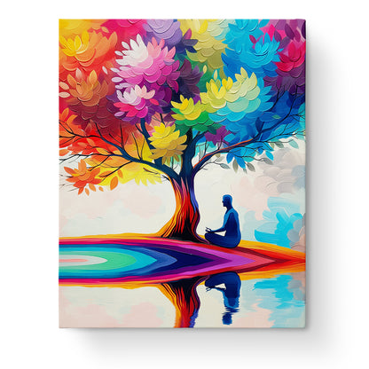 The 'Serene Tree Reflection - Meditation' paint by numbers kit by miicreative features a colorful tree with a silhouette of a meditating figure by a reflective pond, emphasizing mindfulness and creativity with vibrant hues.