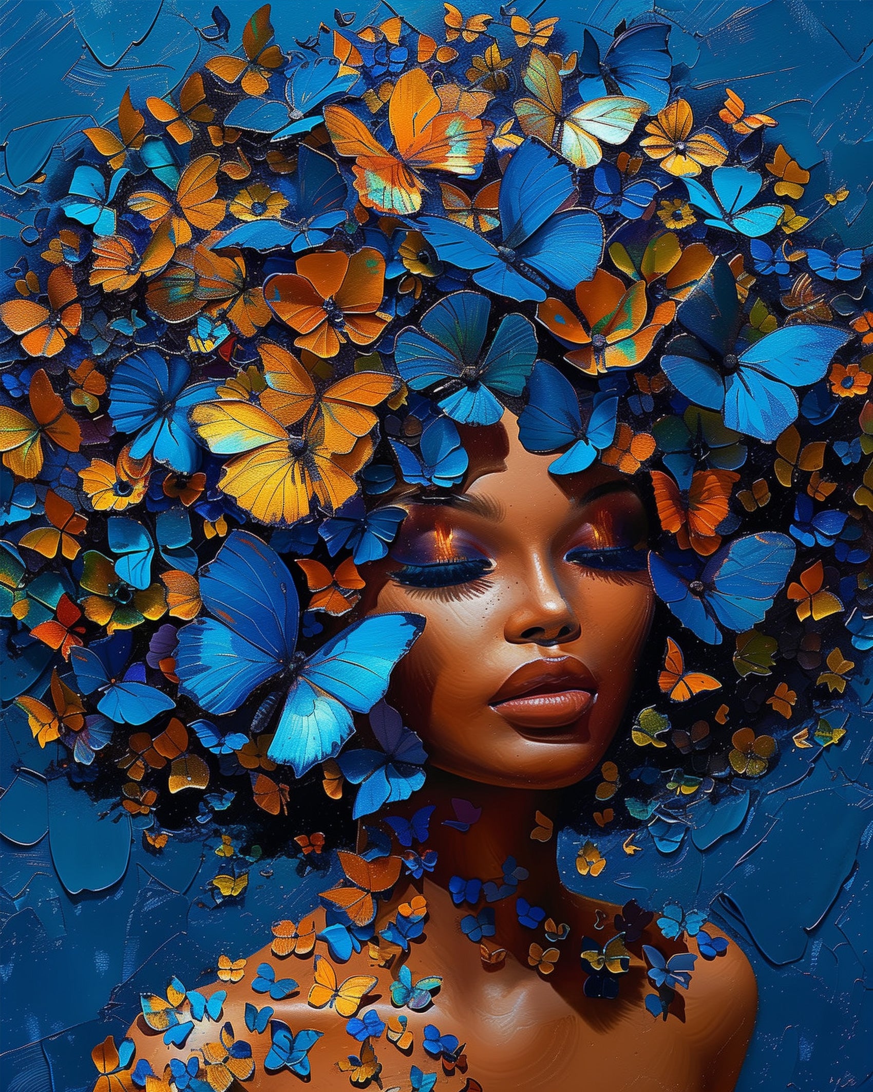 miicreative's Blue and Orange Butterfly Dream - Floral Women paint by numbers kit. Features a harmonious blend of blues and oranges, providing a mindful painting experience.