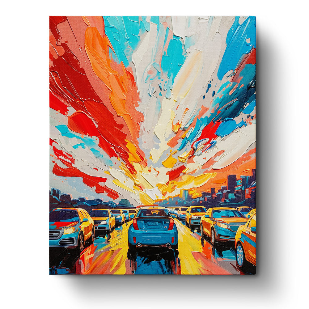 A vibrant paint-by-numbers scene titled 'Sunset Traffic Splendor' by miicreative. Showcasing a beautiful sunset sky with orange, blue, and red hues reflecting over a line of cars, this kit inspires mindfulness and creativity.