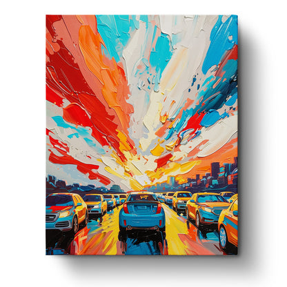 A vibrant paint-by-numbers scene titled 'Sunset Traffic Splendor' by miicreative. Showcasing a beautiful sunset sky with orange, blue, and red hues reflecting over a line of cars, this kit inspires mindfulness and creativity.