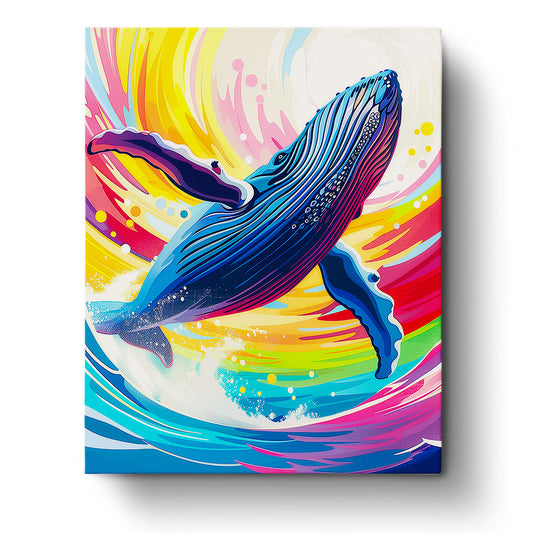 A vibrant paint by numbers kit featuring a rainbow whale, part of the Abstract Animals collection by miicreative. The dynamic colors and swirling patterns highlight the mindfulness and creativity this kit offers.