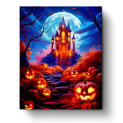 Haunted Pumpkin Path paint-by-numbers kit by miicreative featuring a spooky moonlit castle surrounded by glowing jack-o'-lanterns, capturing the essence of Halloween and creativity.