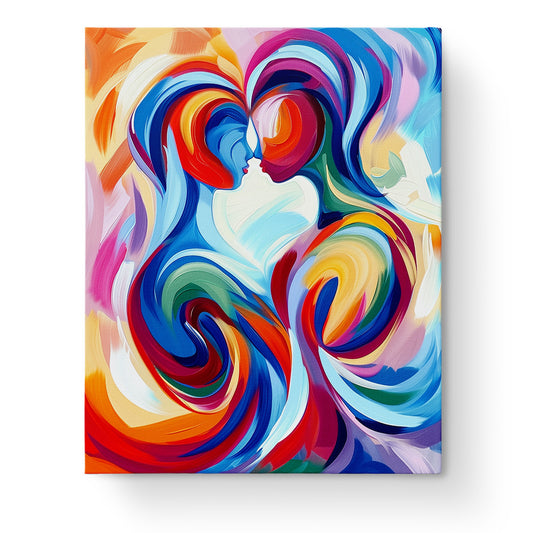 Vibrant paint-by-numbers image of intertwined abstract figures in blues, reds, and oranges, titled Colorful Harmony - Meditation by miicreative. The swirling colors evoke a sense of mindfulness and creativity.