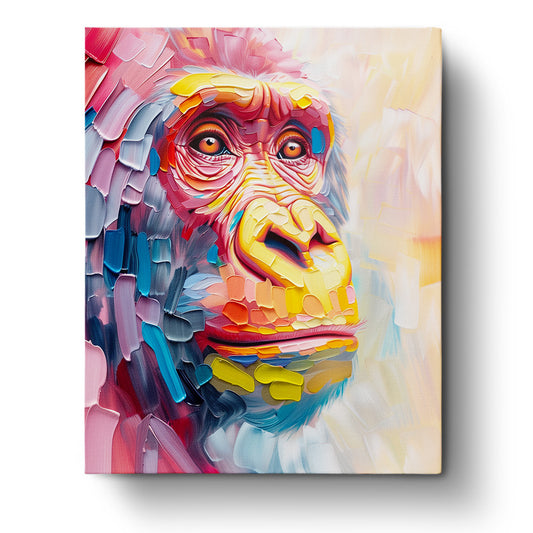 A vibrant abstract gorilla painting featuring bold colors and textures, from the miicreative brand. Experience creativity and mindfulness with the Vibrant Gorilla - Abstract Animals kit.