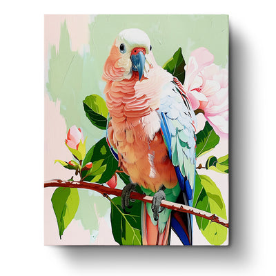 A vibrant abstract parrot with colorful feathers perched on a branch next to flowers, part of the Vibrant Parrot - Abstract Animals collection by miicreative. The kit encourages creativity and mindfulness.