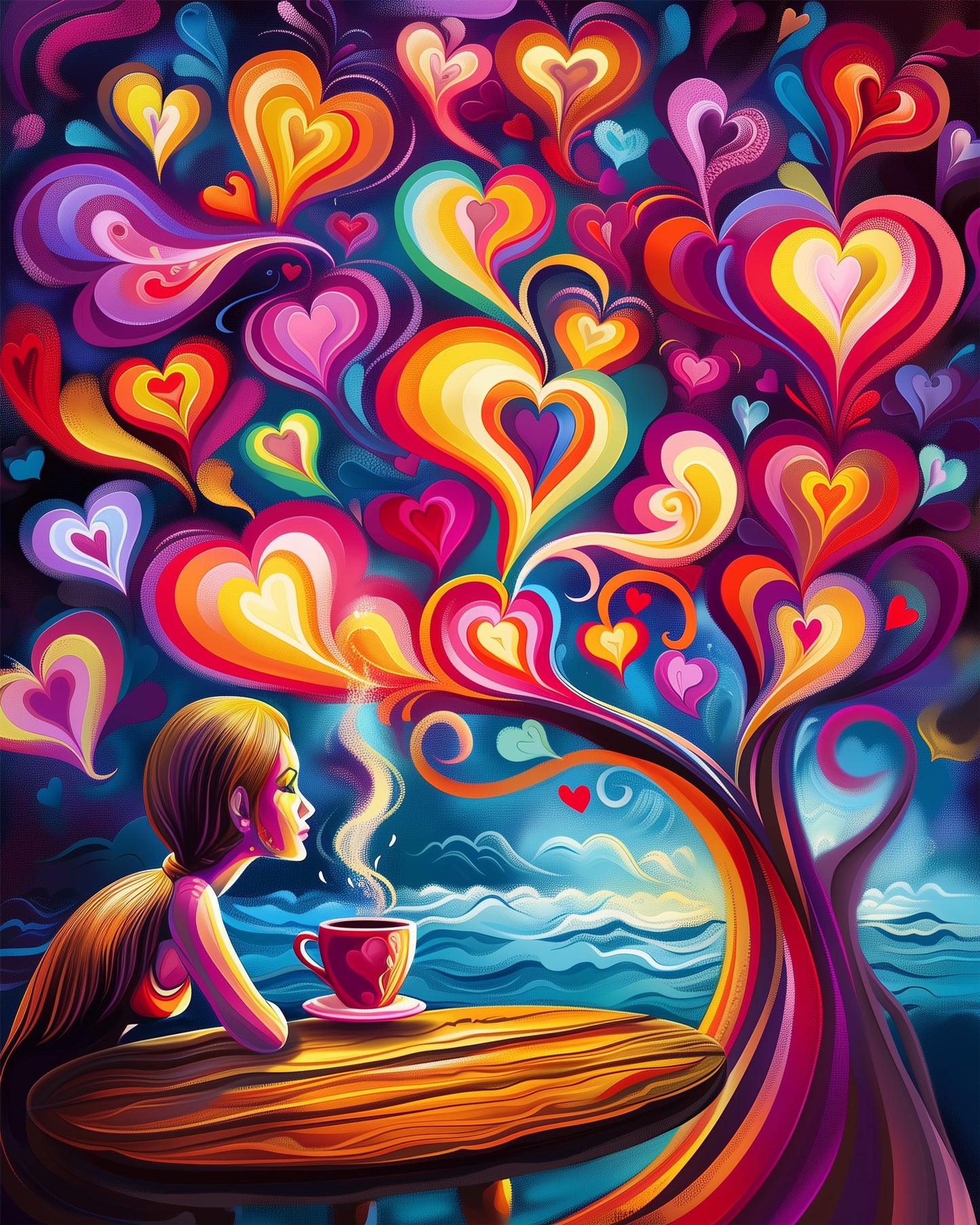 A vibrant paint-by-numbers kit titled 'Tranquil Heart Waves - Meditation' from miicreative. The image showcases a woman sipping coffee at a wooden table with colorful, swirling heart patterns emanating from it, capturing mindfulness and creativity.